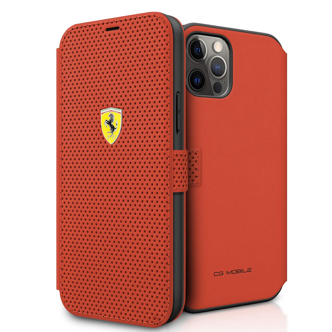 Ferrari FESPEFLBKP12LRE Book On Track Perforated Hülle für iPhone 12 Pro Max 6,7" rot