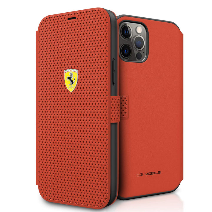 Ferrari FESPEFLBKP12LRE Book On Track Perforated Hülle für iPhone 12 Pro Max 6,7" rot