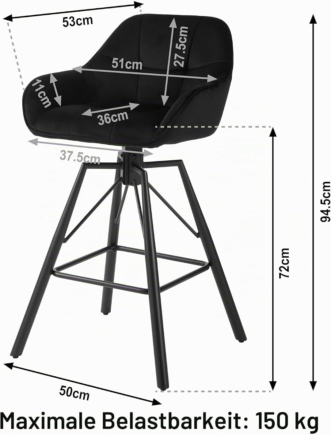 WOLTU Barhocker 2er Set, Barstuhl mit Lehne, Samt, Schwarz | Bistrohocker 360°drehbar, Tresenhocker