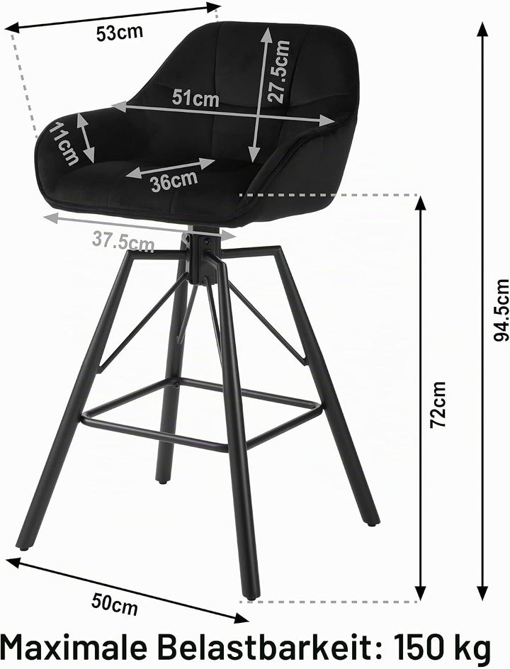 WOLTU Barhocker 2er Set, Barstuhl mit Lehne, Samt, Schwarz | Bistrohocker 360°drehbar, Tresenhocker
