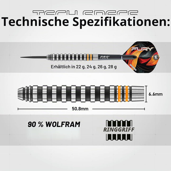WINMAU Fury 24 Gramm Profi Wolfram Steeltip Dartpfeile Set mit Flights und Schäfte