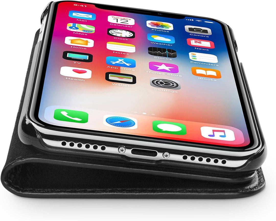 WIIUKA Echt Ledertasche - TRAVEL Nature - für Apple iPhone X und XS -DEUTSCHES Leder- Schwarz, kabel