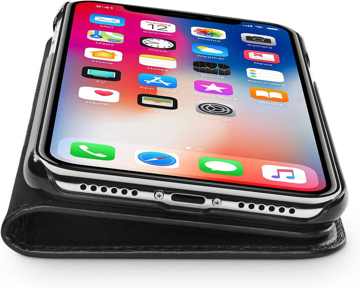 WIIUKA Echt Ledertasche - TRAVEL Nature - für Apple iPhone X und XS -DEUTSCHES Leder- Schwarz, kabel