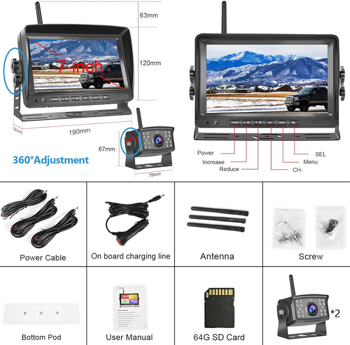 Hodozzy Digitale Kabellos Rückfahrkameras DVR Videoaufzeichnung-7 Zoll IPS Monitor AHD 2 Kameras mit