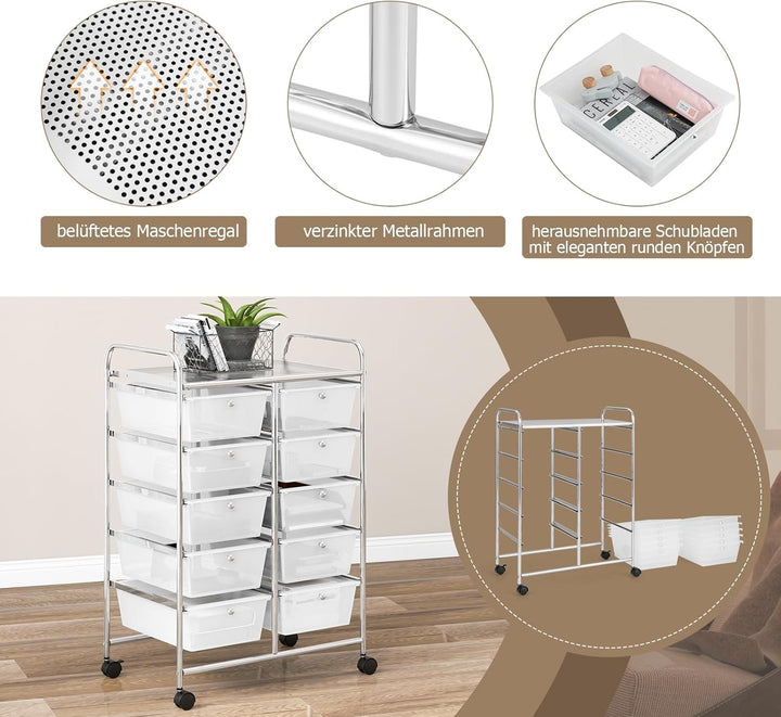 GOPLUS Rollwagen mit 10 Schubladen stapelbar, Rollcontainer mit Ablage & Metallgestell, Badregal, Au