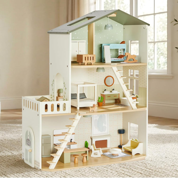 Puppenhaus Holz mit Beleuchtung, 3-stöckiges Puppenhaus mit 37 Möbeln, Nordisches Design, Beleuchtun