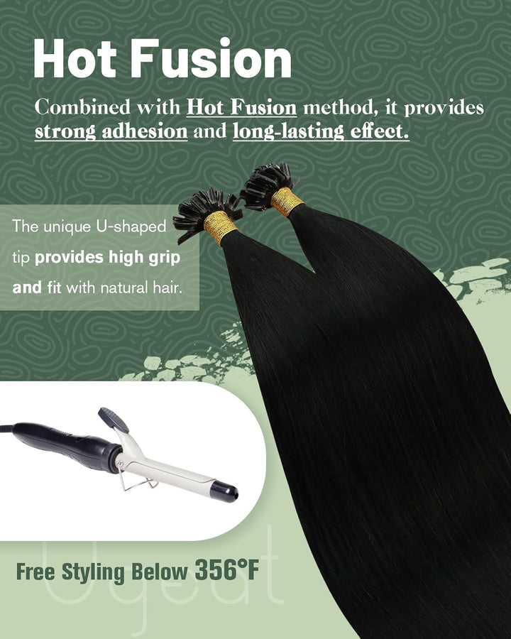 Ugeat 60cm Keratin Extensions Echthaar U Tip 1g/Strähnen Farbe 1B Naturliches Schwarz Bondings Echth