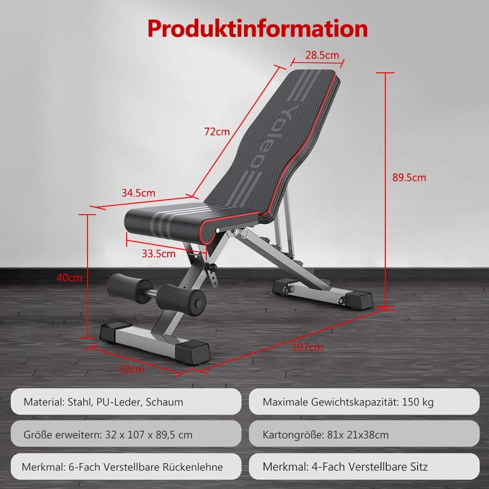 YOLEO klappbare Hantelbank Multifunktion Training Fitness Bank Bauchtrainer Schrägbank mit 6-Fach Ve