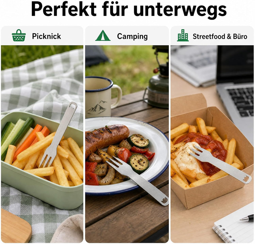 Pommesgabel 10 Stück mit Holzbox Pommesgabeln aus rostfreiem Edelstahl ideal für Pommes, Wurst oder
