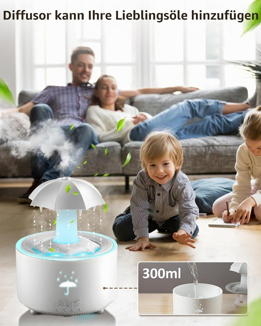 Luftbefeuchter Schlafzimmer 300ML, Aroma Diffuser Rotierender Regentropfen Humidifier Luft, 7-Farben