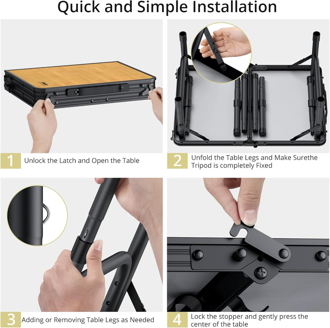Anbte Campingtisch Klappbar 58x40cm Aluminium Schwarz-Rahmen Picknicktisch 3 Höhen Verstellbar 26/48