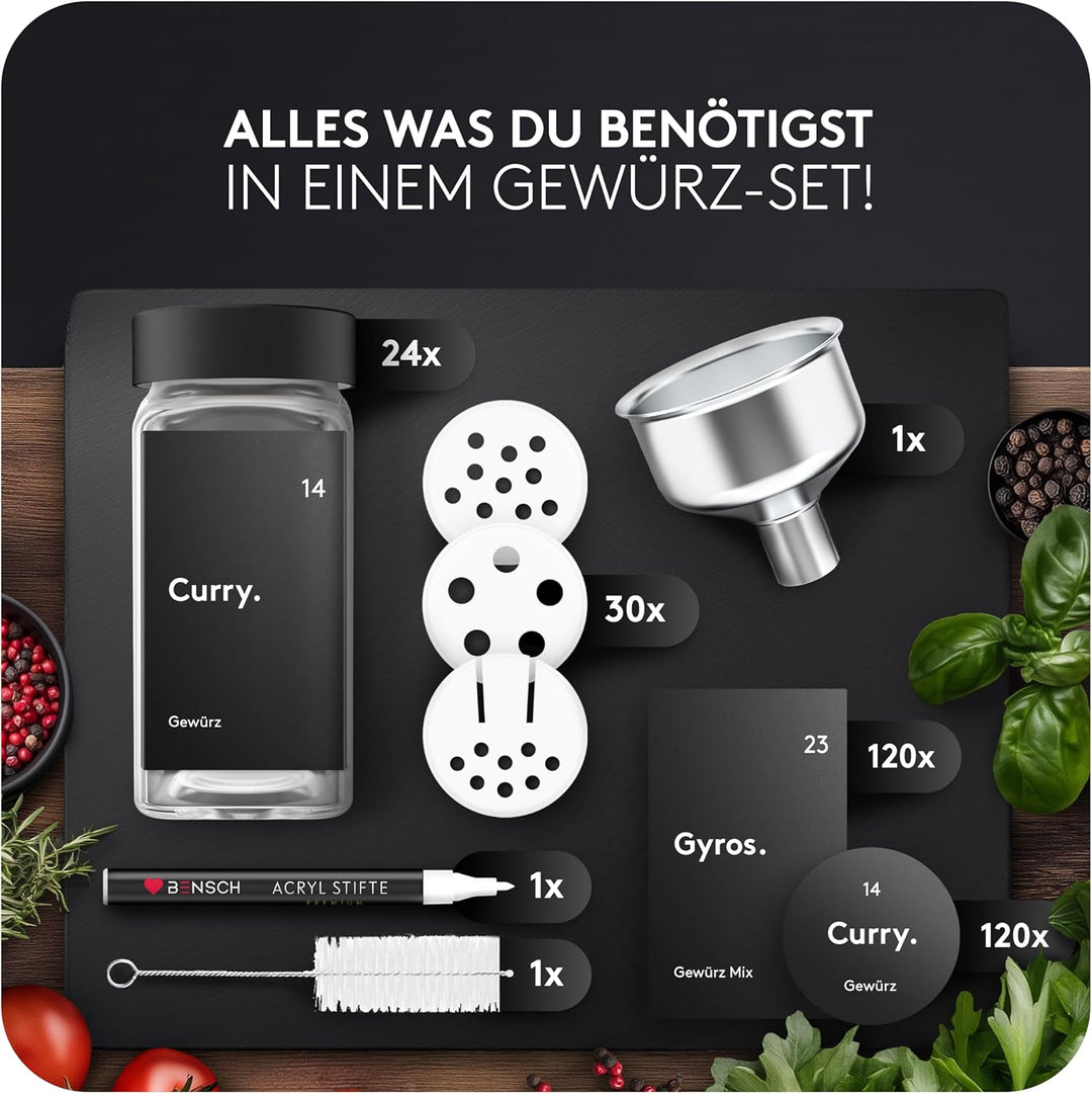 Gewürzgläser Set Schwarz [24 Stück] Eckig mit Streueinsatz | Inklusive 240 Etiketten + Acrylstift +