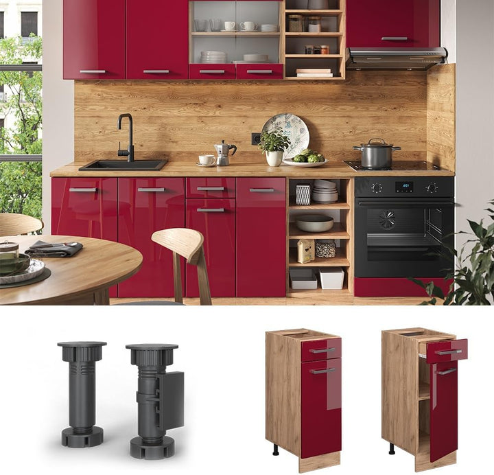 Vicco Küchenunterschrank R-Line, Schubladenschrank für die Küche, Bordeaux Hochglanz, 30 cm AP Marmo