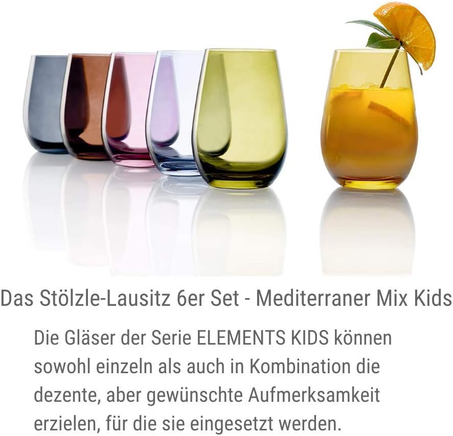 Stölzle Lausitz Wassergläser Set Elements Kids Mediterraner Mix 335 ml randvoll / 6er Set Wassergläs