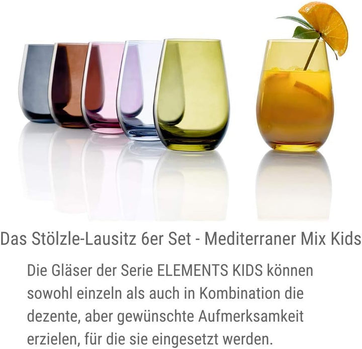 Stölzle Lausitz Wassergläser Set Elements Kids Mediterraner Mix 335 ml randvoll / 6er Set Wassergläs