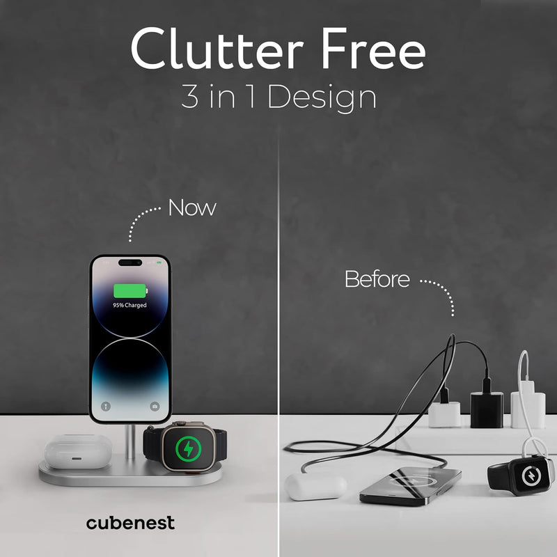 CubeNest kabelloses Ladegerät 3-in-1 kompatibel mit iPhone 12/13/14-Serie, AirPods, Apple Watch und