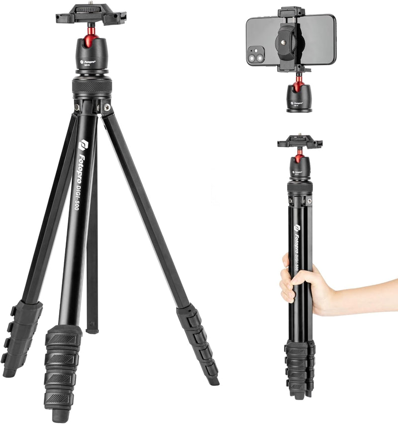 Fotopro 162 cm Kamerastativ, 2-in-1 kompaktes Handy-Stativ mit verstecktem Kaltschuh-Handyclip, trag