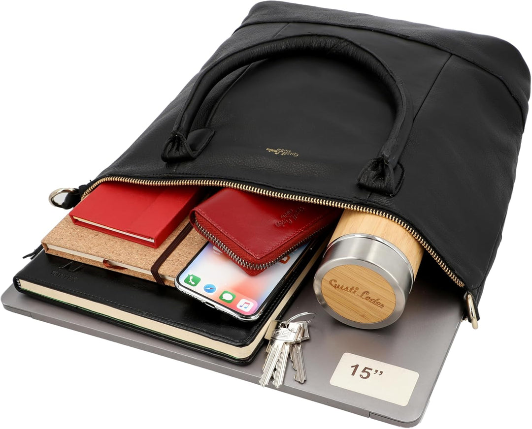 Gusti Shopper Leder - Mia Handtasche Damen Arbeitstasche Schwarz, Schwarz