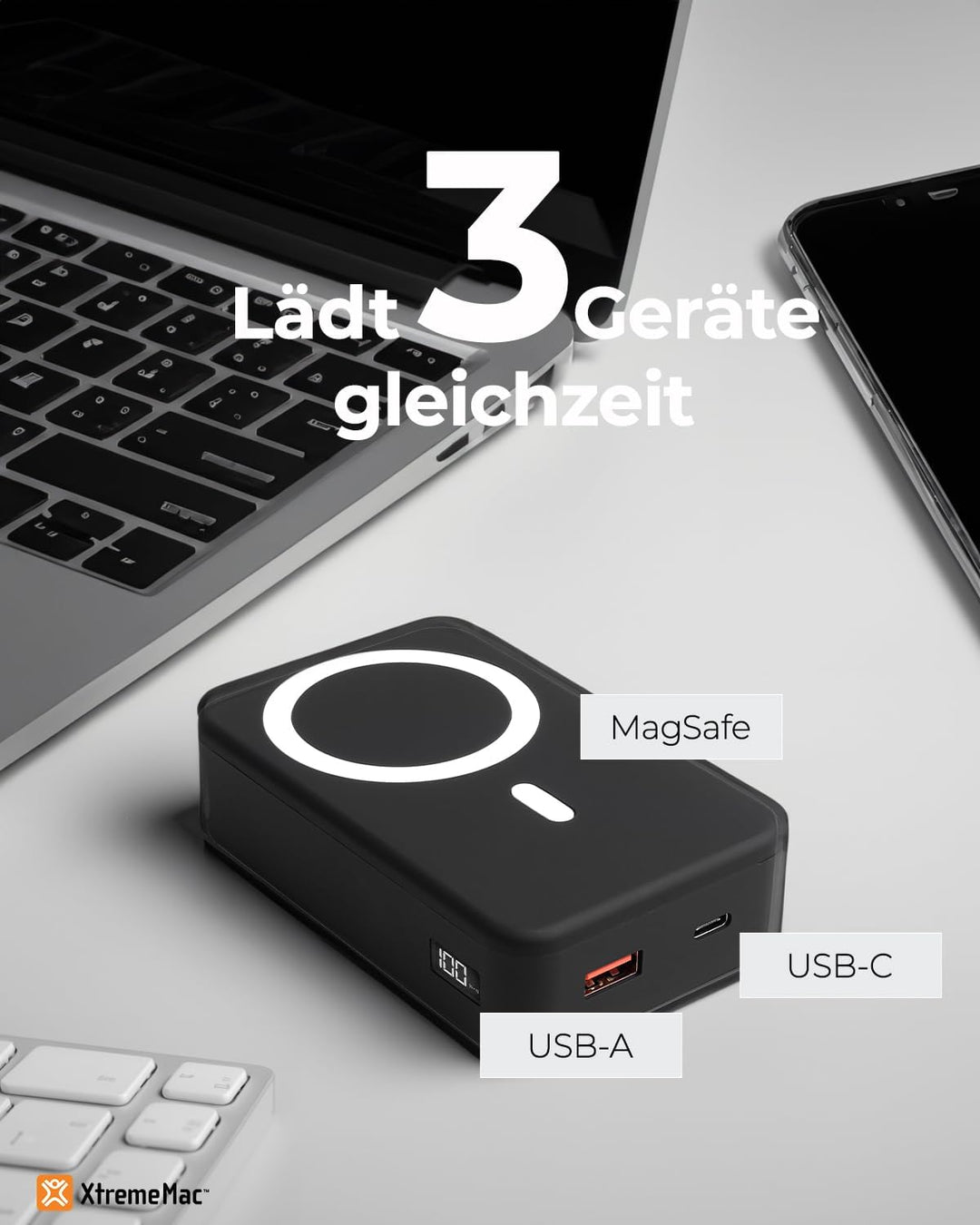 XtremeMac Magsafe Powerbank 20000mAh, Magnetische Externe Batterie für iPhone 15/14/13/12 Serie, USB