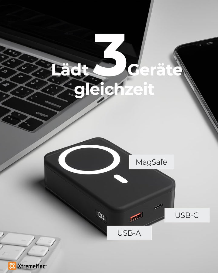XtremeMac Magsafe Powerbank 20000mAh, Magnetische Externe Batterie für iPhone 15/14/13/12 Serie, USB
