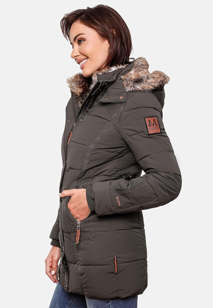 MARIKOO Damen Warmer Winter Steppmantel mit Kapuze Lieblings Jacke XS-XXL S Anthracite, S Anthracite