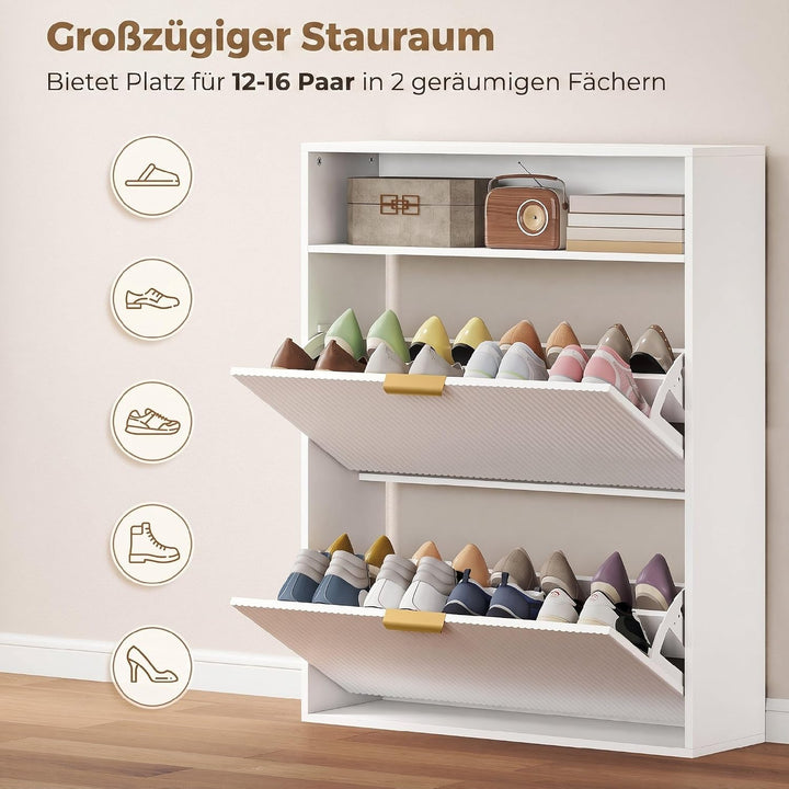 HOMCOM Schuhschrank mit 2 Klappen 2 Türen für 12-16 Paar 80x24x102,5cm Weiss | Schmal Schuhkipper, A