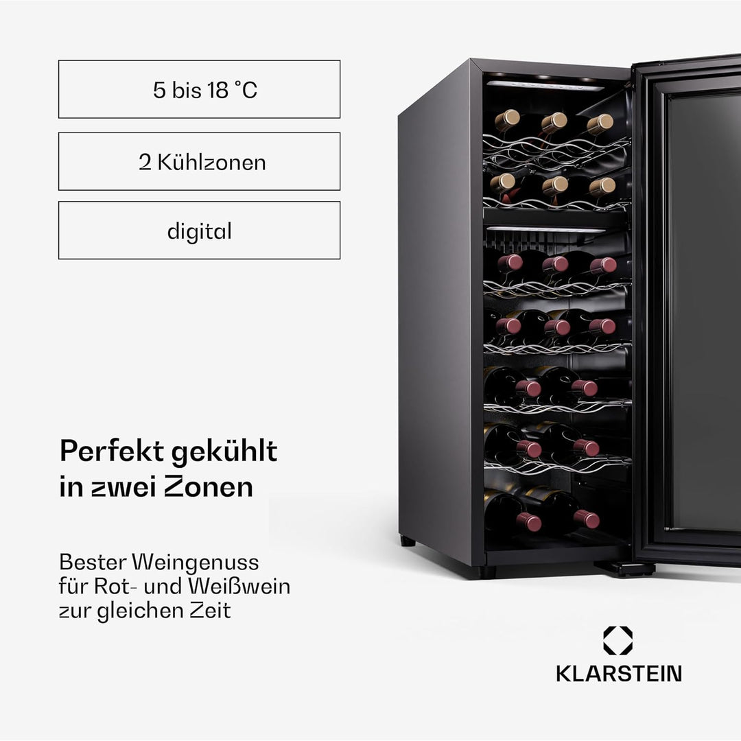 Klarstein Freistehender Weinkühlschrank 2 Zonen, Getränkekühlschrank Klein, Kleiner Weinschrank, Wei