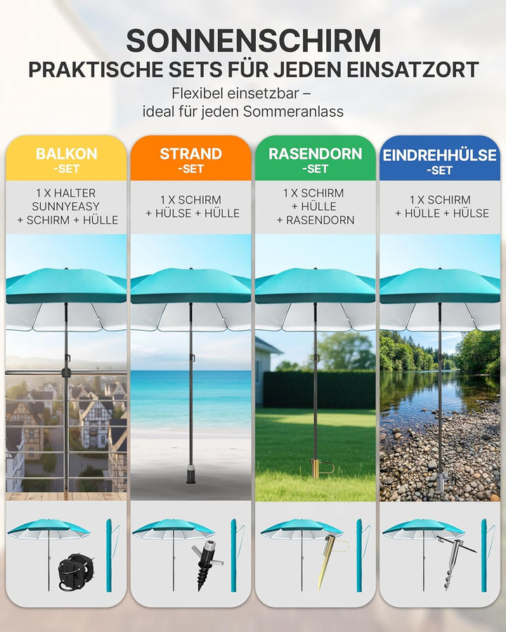 4smile Sonnenschirm Strand SunnyJoy, Türkis - UPF 50+ Strandschirm Ø 200 cm, sicherer Sonnenschutz S