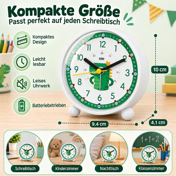 Sunshine Smile Dinosaurier Wecker mit Nachtlicht, Analog ohne Ticken, Lernwecker ohne Ticken, E-grün