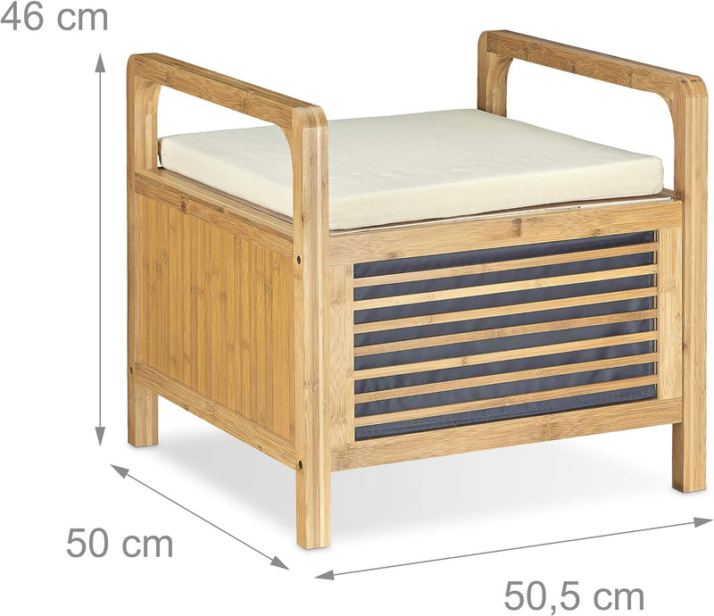 Relaxdays Sitzhocker mit Stauraum, Aufbewahrungsbox mit Sitzkissen, Bambus Hocker M HxBxT: 46 x 50,5