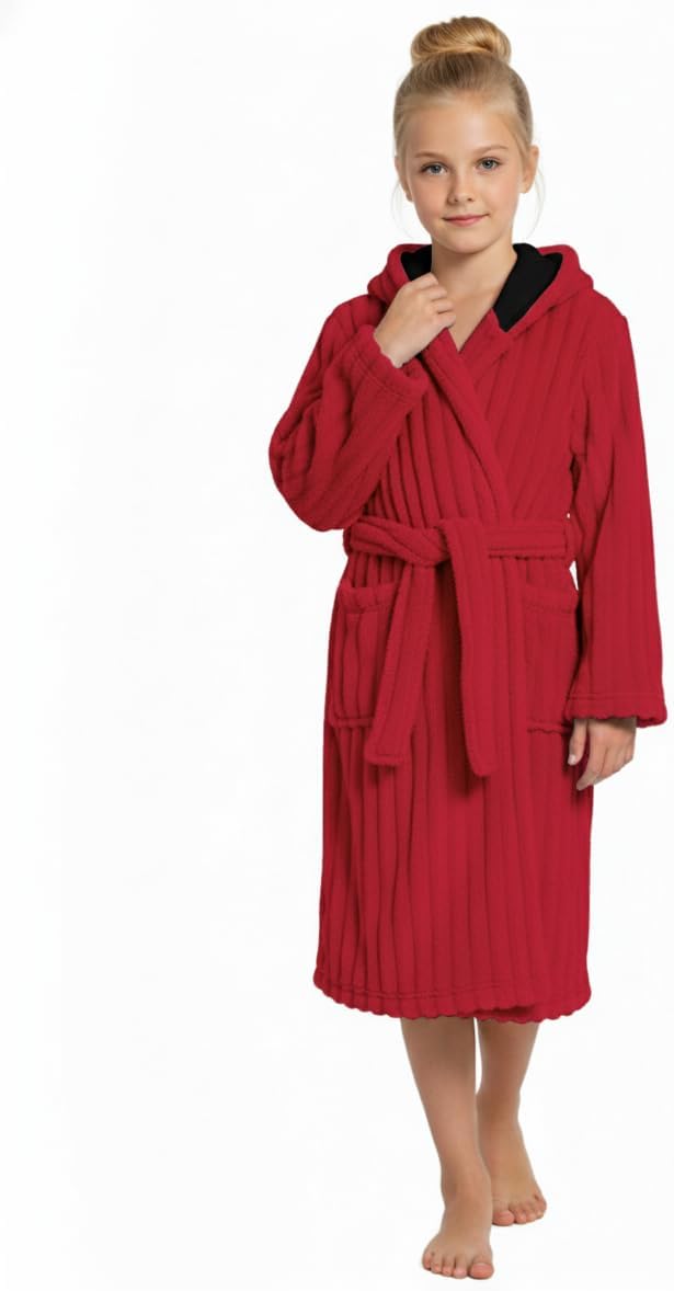 JiAmy Kapuzen Bademantel für Mädchen Flauschiger Fleece Plüsch Langer Schlafmantel Kinder Rot 13-14
