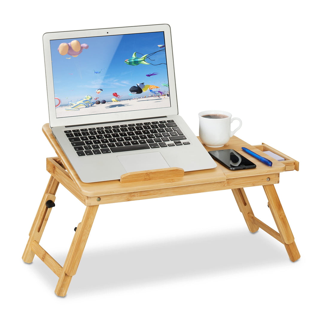 Relaxdays Laptoptisch für Couch, Bambus, klappbar, höhenverstellbar, neigbare Tischplatte, Schublade