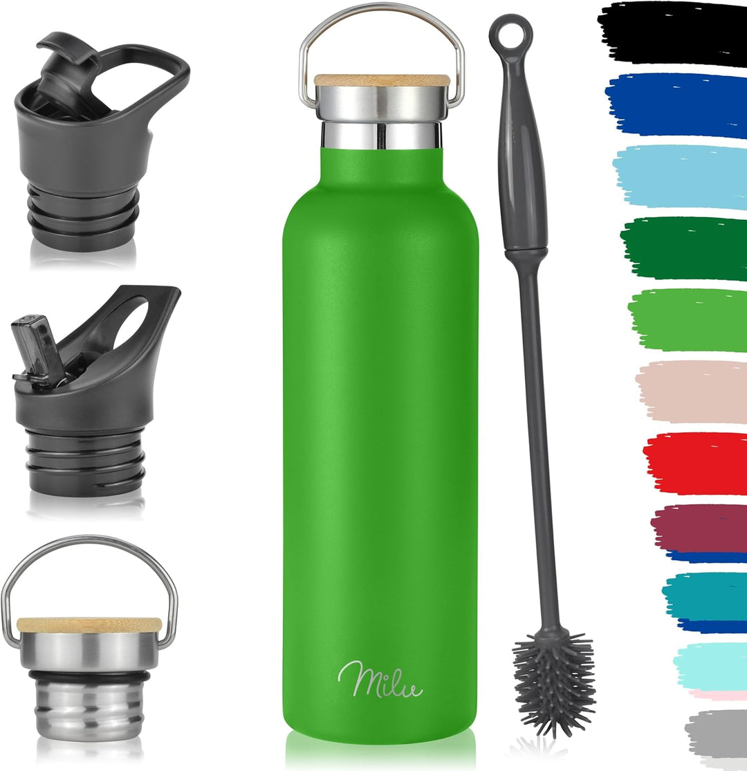 Milu Edelstahl Trinkflasche 350ml 500ml 750ml 1000ml (+3 Deckel) Thermosflasche mit Strohhalm, Isoli