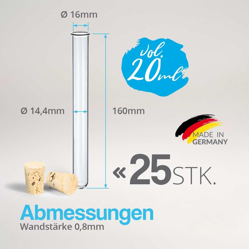 Tuuters 25x Glas Reagenzgläser mit Korken, Reagenzglas mit Bördelrand (160 x Ø 16mm) 160 x Ø 16mm Na