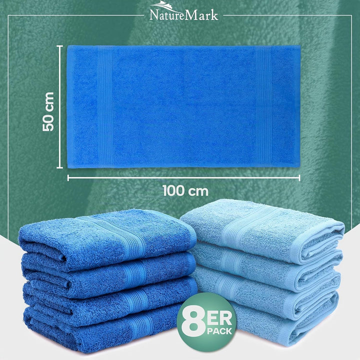 NatureMark NM-HT0842 Frottier Handtücher, 8-er Pack, 50 x 100 cm, 100% Baumwolle (Royalblau/Hellblau