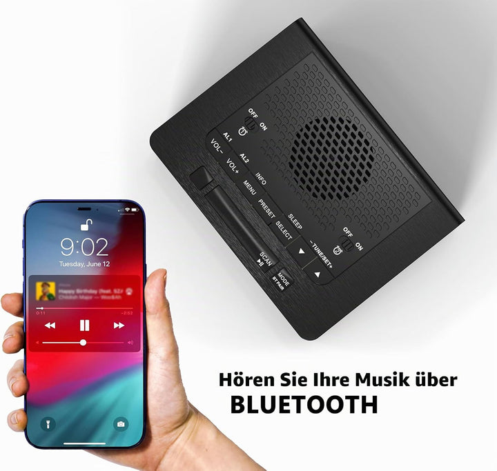 Radiowecker mit Bluetooth Lautsprecher, Digital-FM-Radio mit Schlummer Funktion, Dimmer Steuerung, H