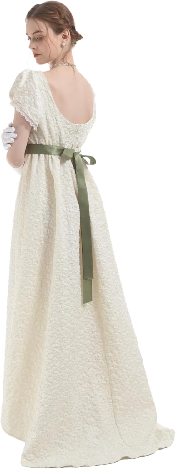 FCCAM Damen Regency Kleid Jane Austen Lange Vintage Kleid Viktorianische Ballkleid mit Handschuhen E