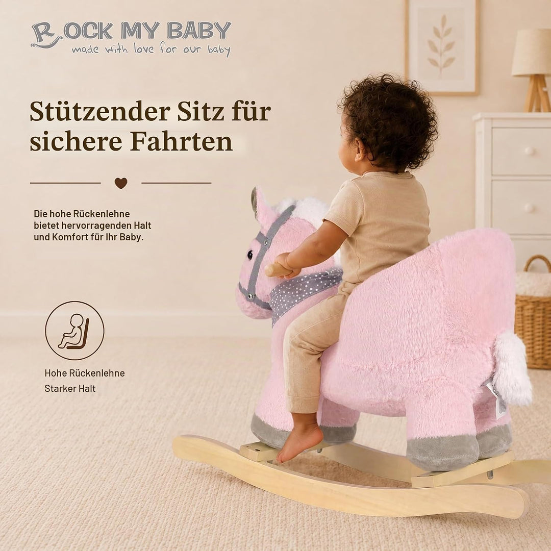 Plüsch Rocking Horse - weicher gefüllter Körper, Sicherheitssitz Stuhl, Holz Rockers, Musikknopf - K