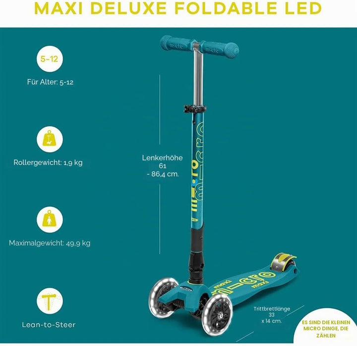 Micro Kickboard – Maxi-Deluxe, faltbarer LED-Scooter mit drei Rädern, Lean-to-Steer, zusammenklappba