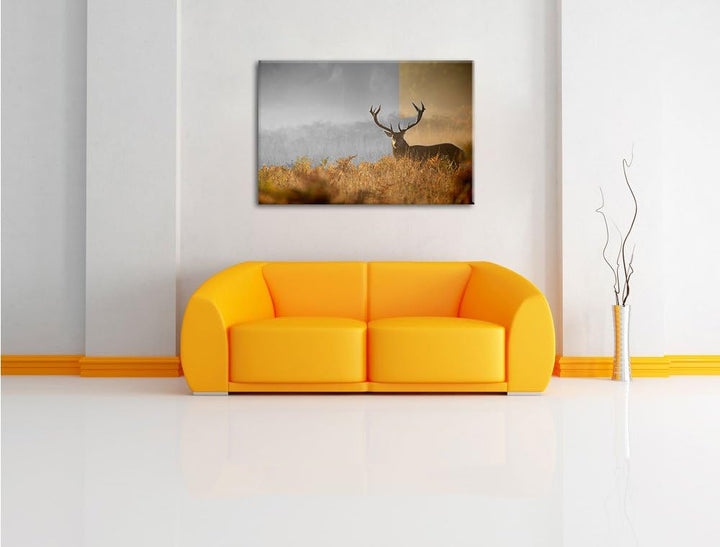 Pixxprint Rotwild Hirsch im Nebel als Leinwandbild/Grösse: 100x70 / Wandbild/Kunstdruck/fertig bespa