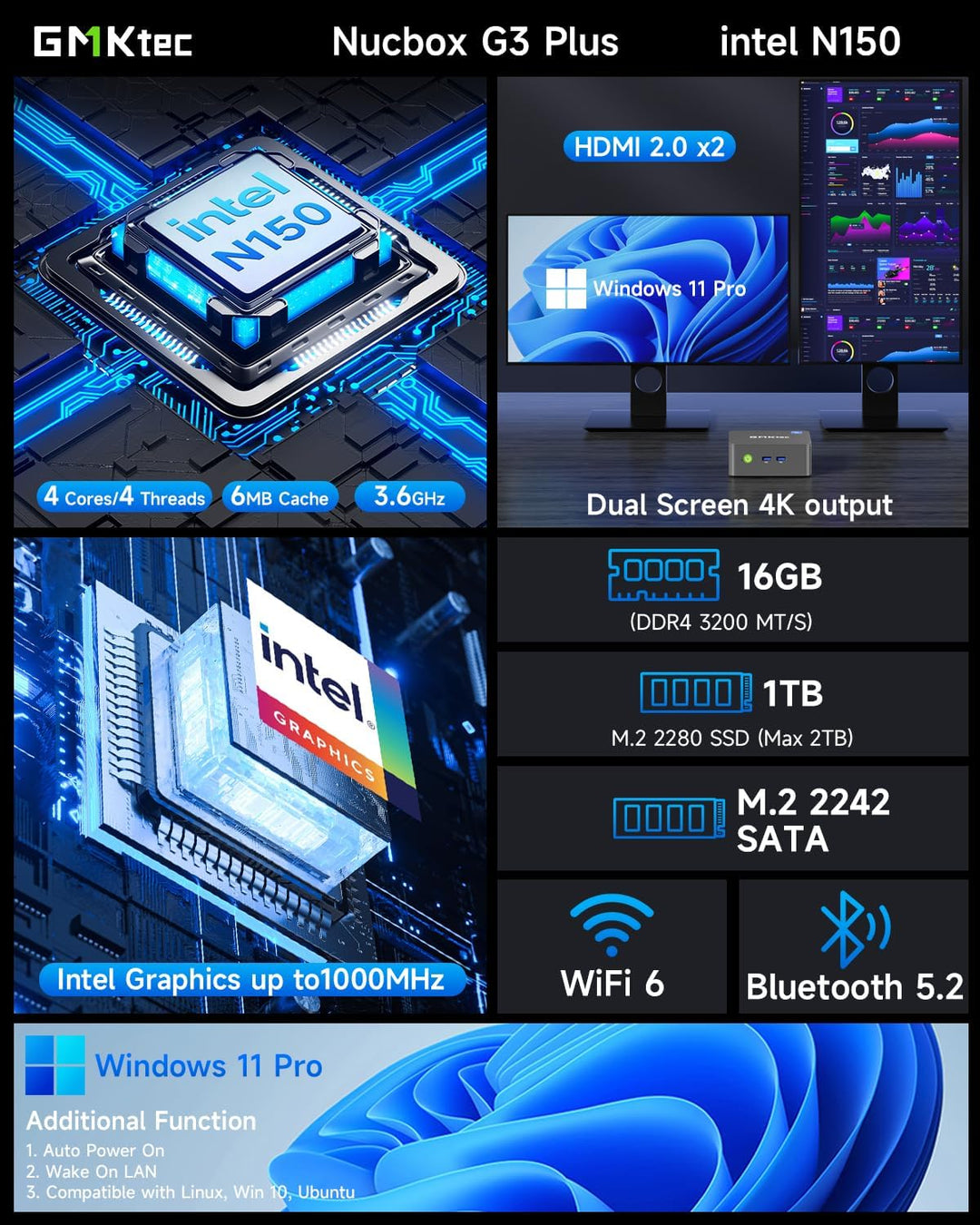 GMKtec G5S Mini-PC,Intel N5095 bis zu 3,6 GHz,8GB LPDDR4,128GB SSD, Dual-HDMI-4K-Display, Wi-Fi 6, B