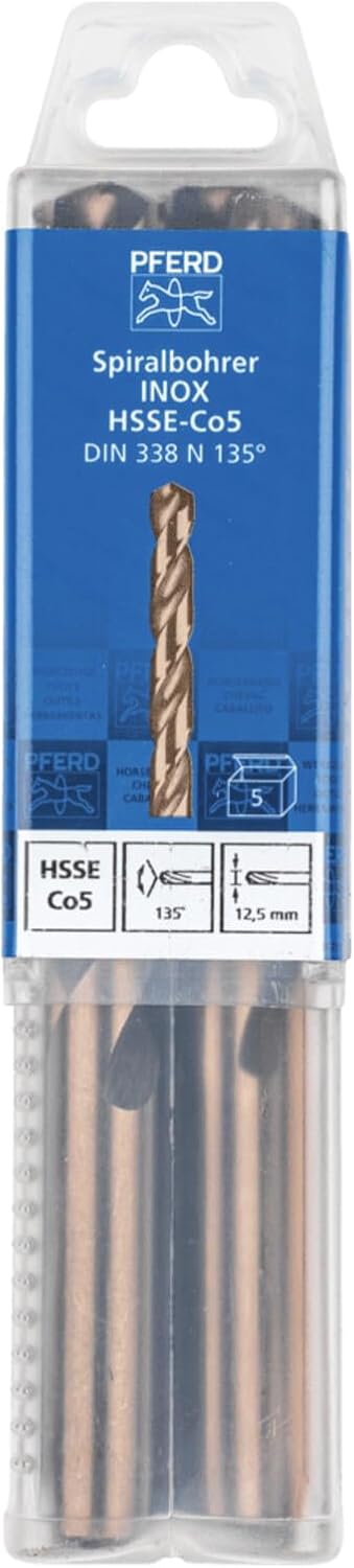 PFERD Spiralbohrer INOX, 5 Stück | Ø 12,5 mm, HSS-E Co5 N, DIN 338, 135° | 25203584 - für zähe und h