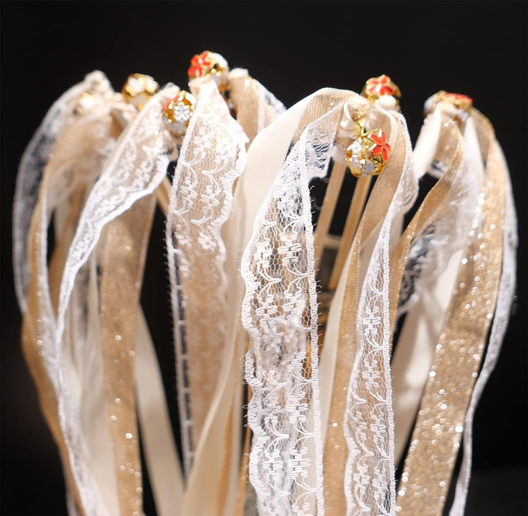 30x Wedding Wands Zauberstäbe mit Glocken,Spitzen Luftschlangen Seide Fee Stick,Lace Ivory Ribbon Wa