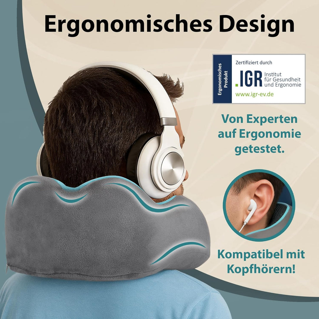 FLOWZOOM Comfy Nackenkissen Flugzeug & Auto mit Kapuze - Einstellbares Memory Foam Reisekissen mit D