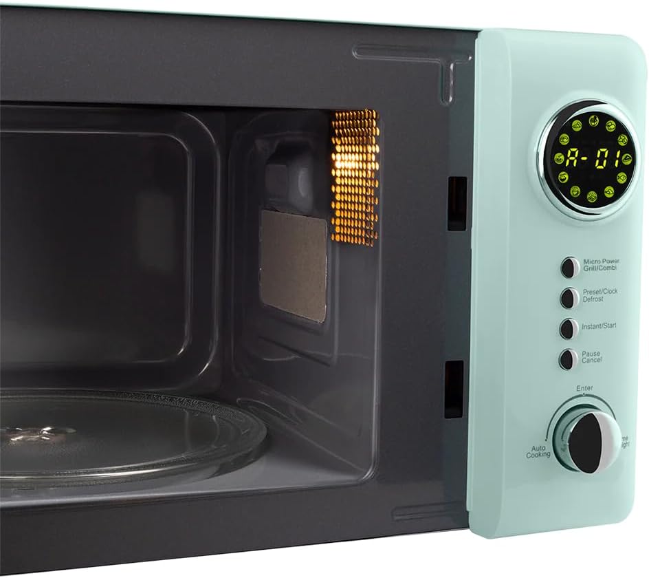 Vintage Cuisine Retro-Mikrowelle mit Display, 700W, 16L, Grillfunktion, Abtaufunktion, Metall, Glas-