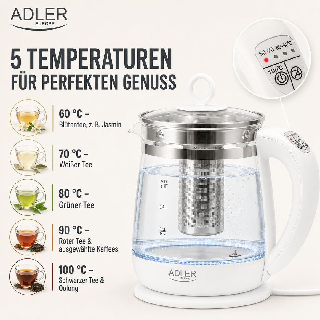 ADLER AD 1299 Elektrischer Wasserkocher aus Glas 1,5 Litern, Beleuchteter Innenraum, Teesieb, Temper