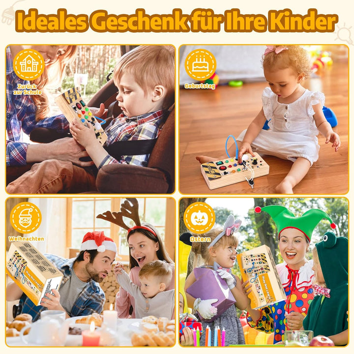 Konijiwa Montessori Busy Board 1 Jahr alt Kinder Activity Board Holzspielzeug mit 8 LED-Lichtschalte