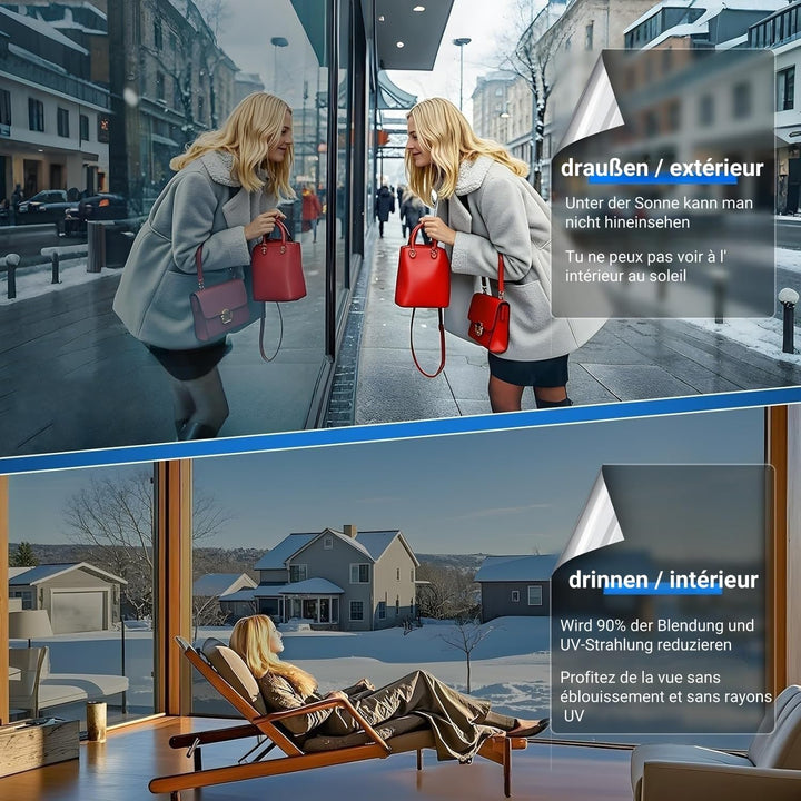 Sonnenschutzfolie Fenster innen oder aussen 90x200 cm, Selbstklebende Spiegelfolie Fenster Hitzeschu