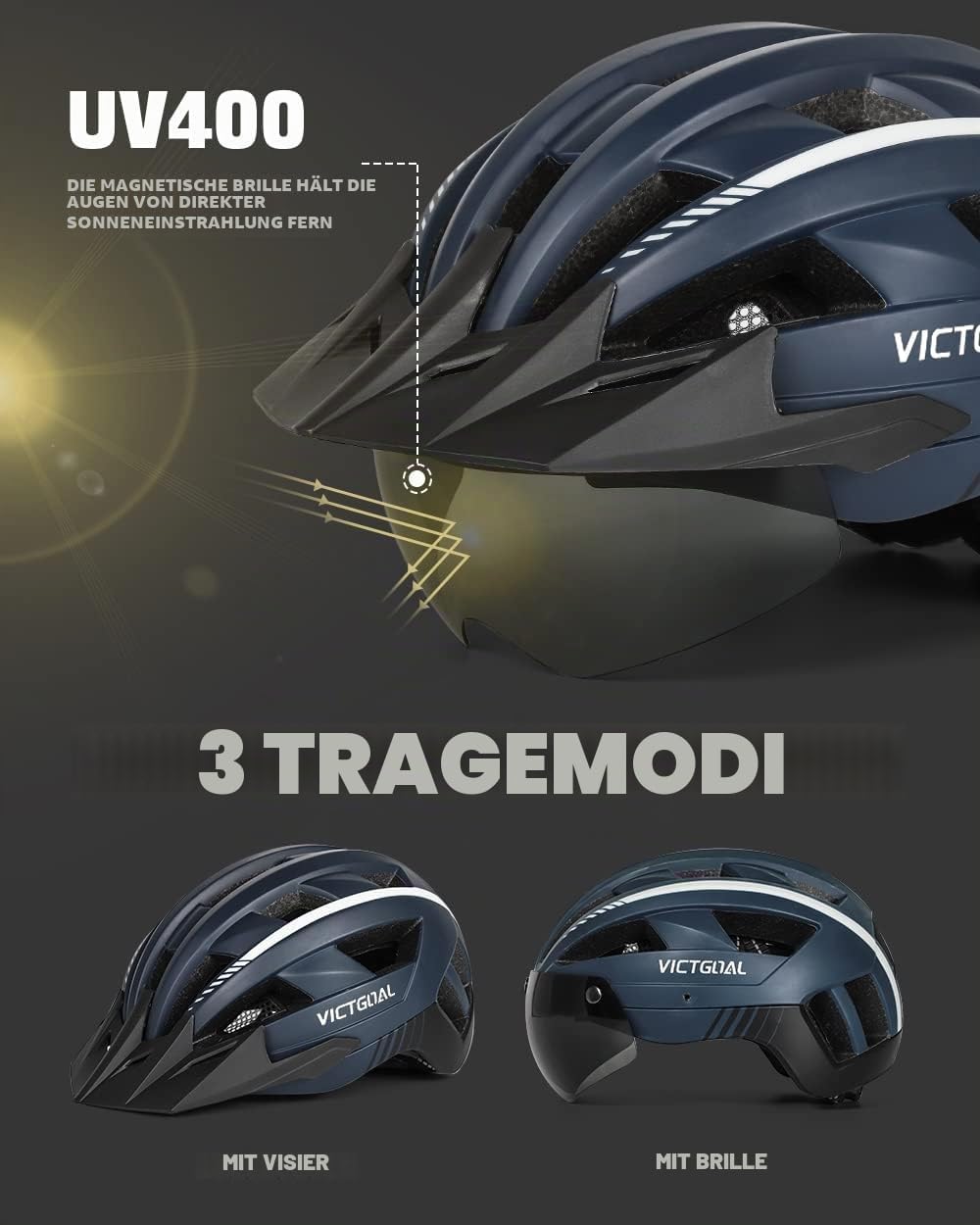 VICTGOAL Fahrradhelm Herren Damen MTB Helm mit Abnehmbarer Magnetische Schutzbrille Visier Atmungsak