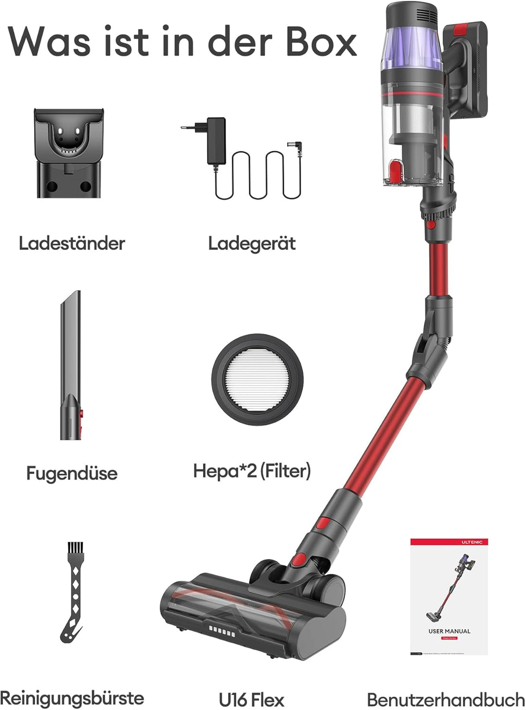Ultenic Akku Staubsauger 50KPA/550W/60Min, 1,5L Staubsauger Kabellos, Touchscreen Display, Anti-Tang